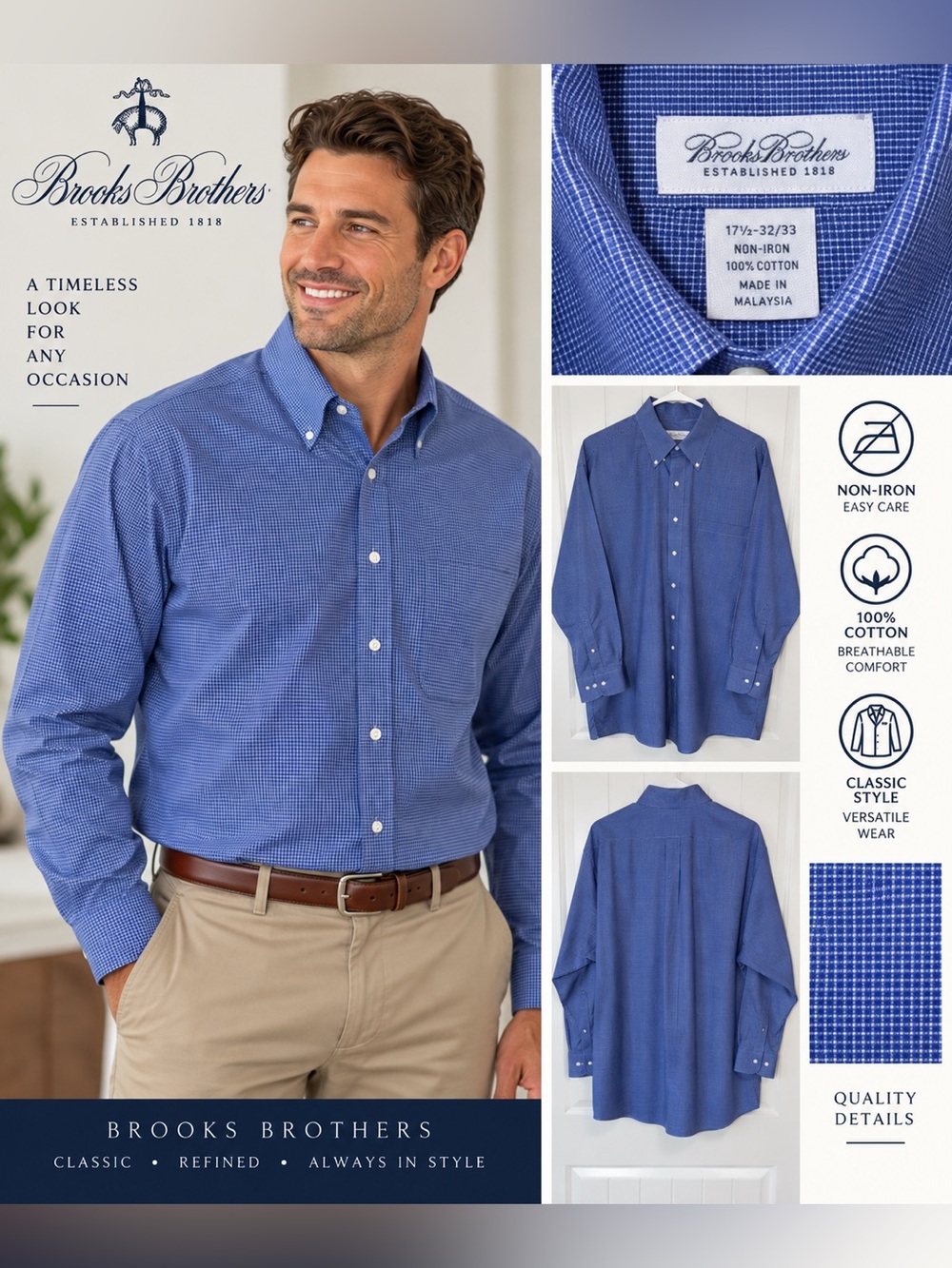 Brooks Brothers Men's Blue Micro-Check Cotton Button-Down Shirt